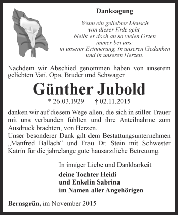 Traueranzeige von Günther Jubold von Ostthüringer Zeitung