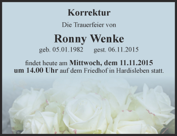 Traueranzeige von Ronny Wenke von Thüringer Allgemeine