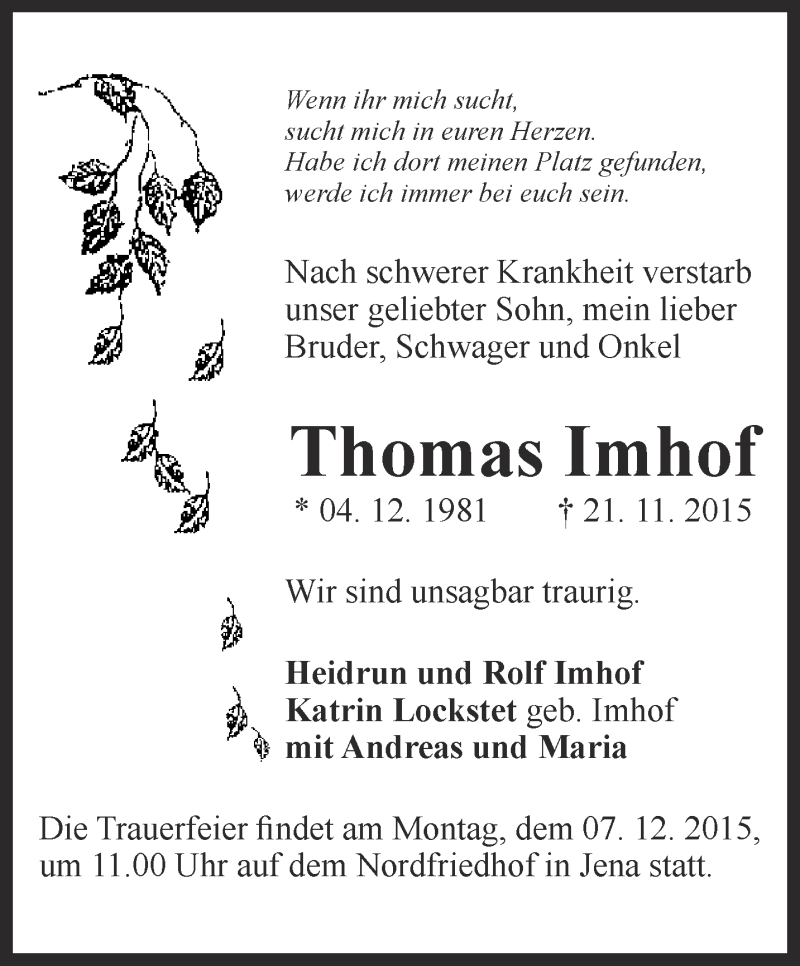 Traueranzeige für Thomas Imhof vom 25.11.2015 aus Ostthüringer Zeitung, Thüringische Landeszeitung