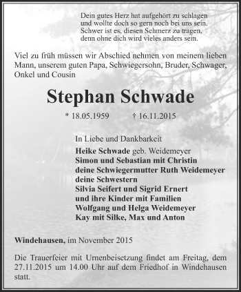 Traueranzeige von Stephan Schwade von Thüringer Allgemeine