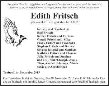 Traueranzeige von Edith Fritsch von Thüringer Allgemeine, Thüringische Landeszeitung