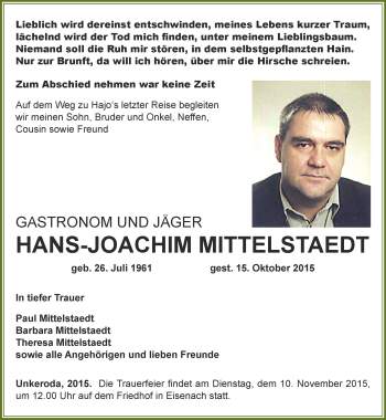 Traueranzeige von Hans-Joachim Mittelstaedt von Thüringer Allgemeine, Thüringische Landeszeitung
