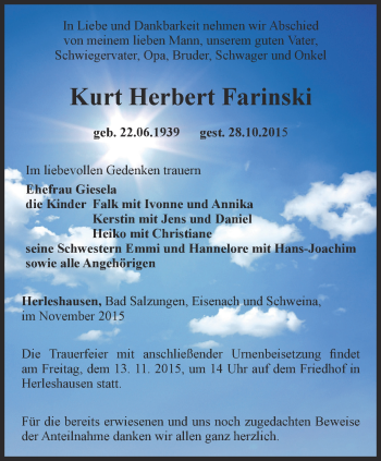 Traueranzeige von Kurt Herbert Farinski von Thüringer Allgemeine, Thüringische Landeszeitung