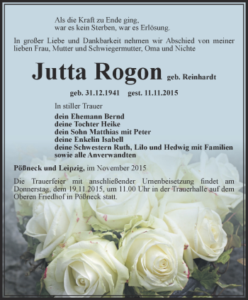 Traueranzeige von Jutta Rogon von Ostthüringer Zeitung