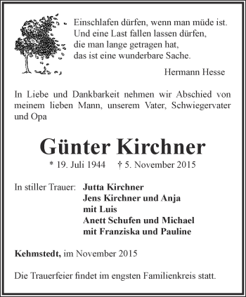 Traueranzeige von Günter Kirchner von Thüringer Allgemeine