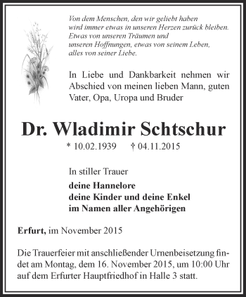 Traueranzeige von Wladimir Schtschur