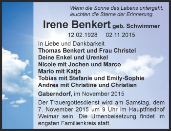 Traueranzeige von Irene Benkert von Thüringer Allgemeine, Thüringische Landeszeitung