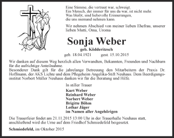 Traueranzeige von Sonja Weber von Ostthüringer Zeitung