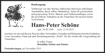 Traueranzeige von Hans-Peter Schöne von Thüringer Allgemeine