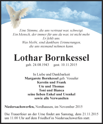 Traueranzeige von Lothar Bornkessel von Thüringer Allgemeine