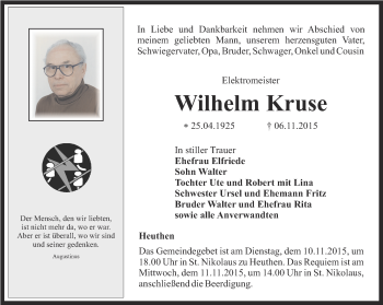 Traueranzeige von Wilhelm Kruse von Thüringer Allgemeine