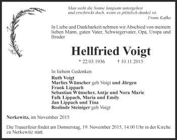 Traueranzeige von Hellfried Voigt von Ostthüringer Zeitung, Thüringische Landeszeitung