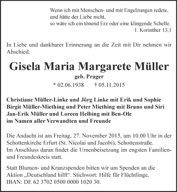 Traueranzeige von Gisela Maria Margarete Müller von Thüringer Allgemeine, Thüringische Landeszeitung