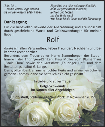 Traueranzeige von Rolf Schweinitz von Ostthüringer Zeitung