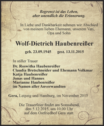 Traueranzeige von Wolf-Dietrich Haubenreißer von Ostthüringer Zeitung