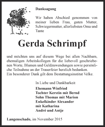 Traueranzeige von Gerda Schrimpf von Ostthüringer Zeitung