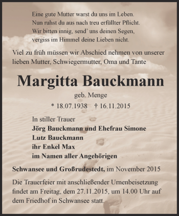 Traueranzeige von Margitta Bauckmann von Thüringer Allgemeine