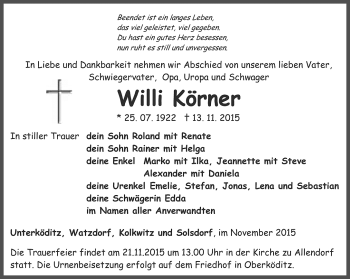 Traueranzeige von Willi Körner von Ostthüringer Zeitung