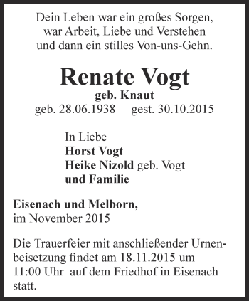 Traueranzeige von Renate Vogt von Thüringer Allgemeine, Thüringische Landeszeitung