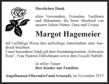 Traueranzeige von Margot Hagemeier von Thüringer Allgemeine