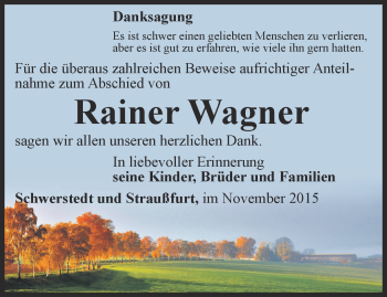 Traueranzeige von Rainer Wagner von Thüringer Allgemeine
