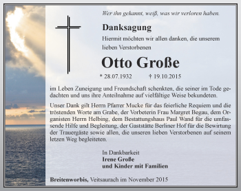 Traueranzeige von Otto Große von Thüringer Allgemeine