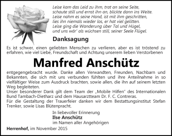 Traueranzeige von Manfred Anschütz von Ostthüringer Zeitung, Thüringische Landeszeitung