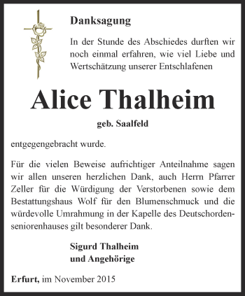 Traueranzeige von Alice Thalheim von Thüringer Allgemeine, Thüringische Landeszeitung