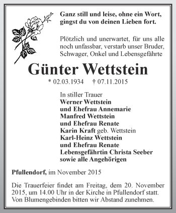 Traueranzeige von Günter Wettstein von Ostthüringer Zeitung, Thüringische Landeszeitung