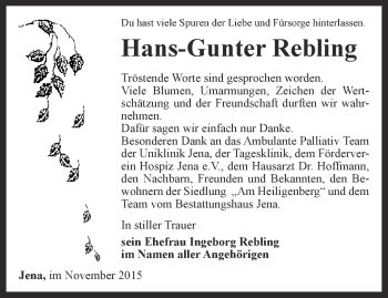 Traueranzeige von Hans-Gunter Rebling von Ostthüringer Zeitung, Thüringische Landeszeitung
