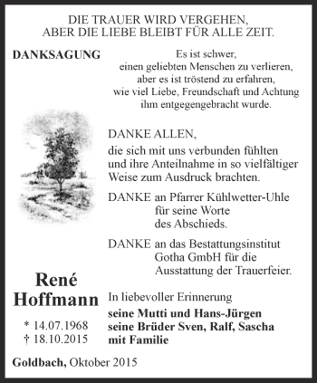 Traueranzeige von René Hoffmann von Ostthüringer Zeitung, Thüringische Landeszeitung