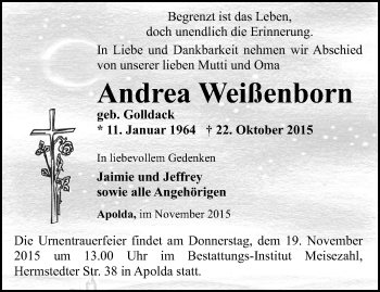 Traueranzeige von Andrea Weißenborn von Thüringer Allgemeine, Thüringische Landeszeitung