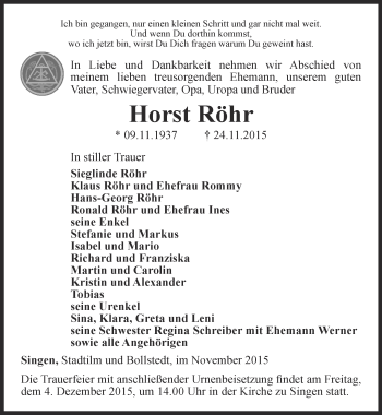 Traueranzeige von Horst Röhr von Thüringer Allgemeine