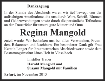 Traueranzeige von Regina Mangold von Thüringer Allgemeine, Thüringische Landeszeitung