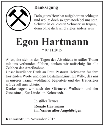 Traueranzeige von Egon Hartmann von Thüringer Allgemeine