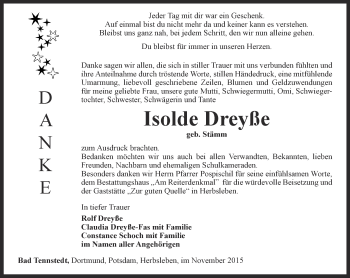 Traueranzeige von Isolde Dreiße von Thüringer Allgemeine, Thüringische Landeszeitung