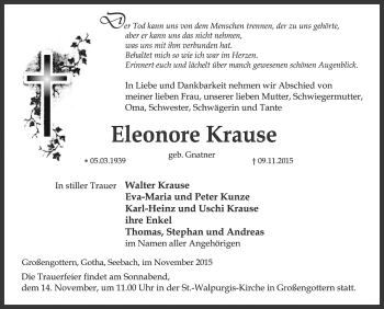 Traueranzeige von Eleonore Krause von Thüringer Allgemeine, Thüringische Landeszeitung