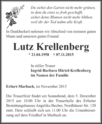 Traueranzeige von Lutz Krellenberg von Thüringer Allgemeine, Thüringische Landeszeitung