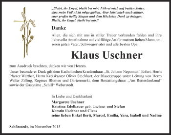 Traueranzeige von Klaus Uschner von Thüringer Allgemeine, Thüringische Landeszeitung