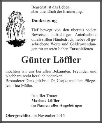 Traueranzeige von Günter Löffler von Ostthüringer Zeitung