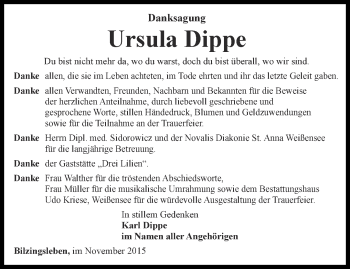Traueranzeige von Ursula Dippe von Thüringer Allgemeine