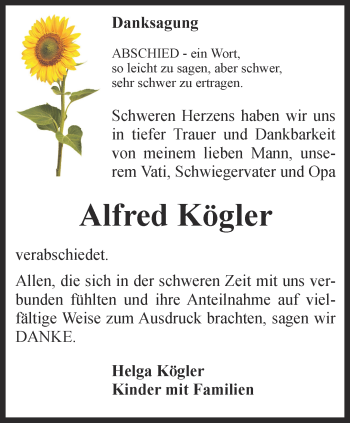 Traueranzeige von Alfred Kögler von Ostthüringer Zeitung