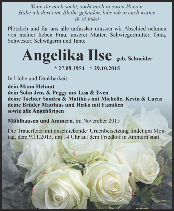 Traueranzeige von Angelika Ilse  von Thüringer Allgemeine, Thüringische Landeszeitung