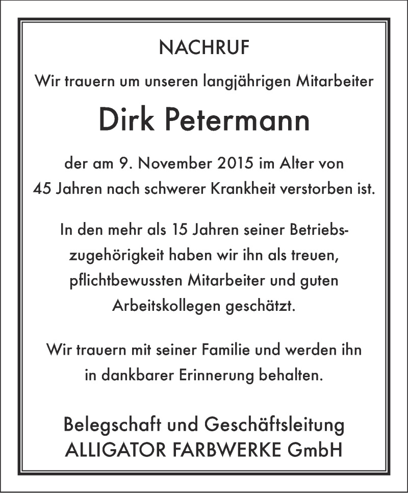  Traueranzeige für Dirk Petermann vom 21.11.2015 aus Thüringer Allgemeine, Thüringische Landeszeitung, Ostthüringer Zeitung