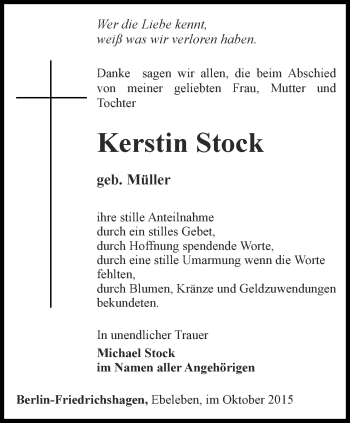 Traueranzeige von Kerstin Stock von Thüringer Allgemeine