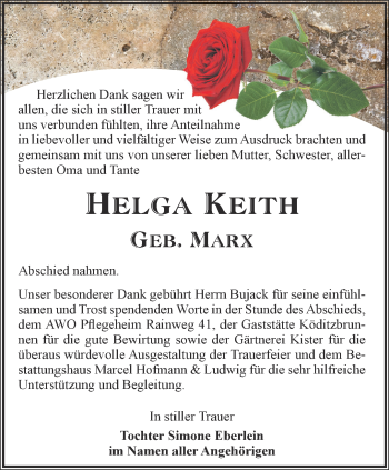 Traueranzeige von Helga Keith von Ostthüringer Zeitung