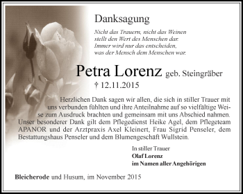 Traueranzeige von Petra Lorenz von Thüringer Allgemeine