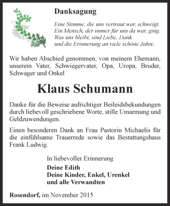 Traueranzeige von Klaus Schumann von Ostthüringer Zeitung