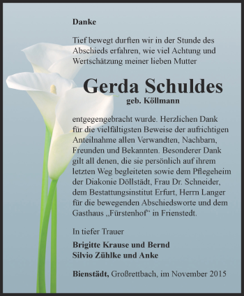 Traueranzeige von Gerda Schuldes von Thüringer Allgemeine, Thüringische Landeszeitung