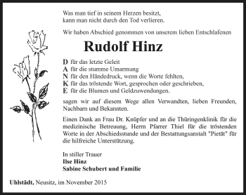 Traueranzeige von Rudolf Hinz von Ostthüringer Zeitung